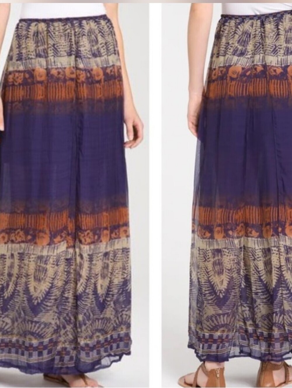 Willow + Clay Boho Navy and Brown Flowy Printed Maxi Skirt Size S